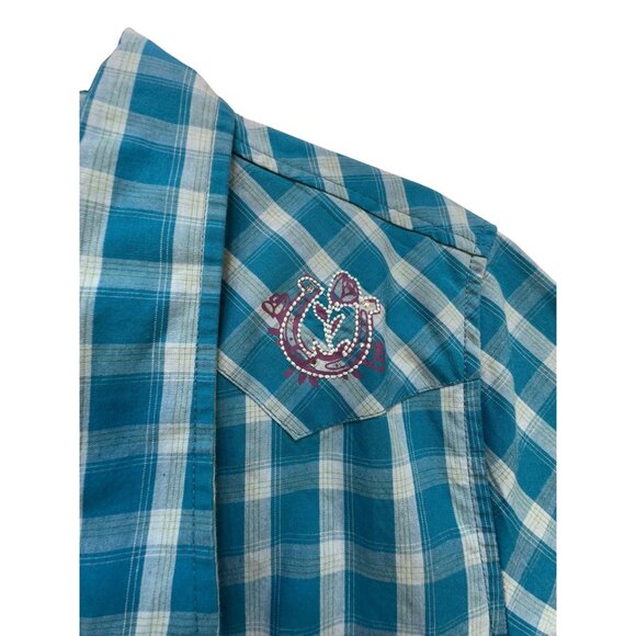 Bit & Bridle Womens Button-Up Short Sleeve Shirt L Blue Plaid Embroidered Accent - Picture 3 of 9